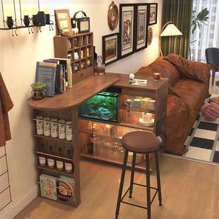 全实木吧台桌柜子家用客厅隔断可移动伸缩餐边柜小户型中古风岛台