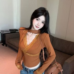 实拍 新款辣妹纯欲交叉V领蕾丝花边设计收腰气质飘带打底衫女