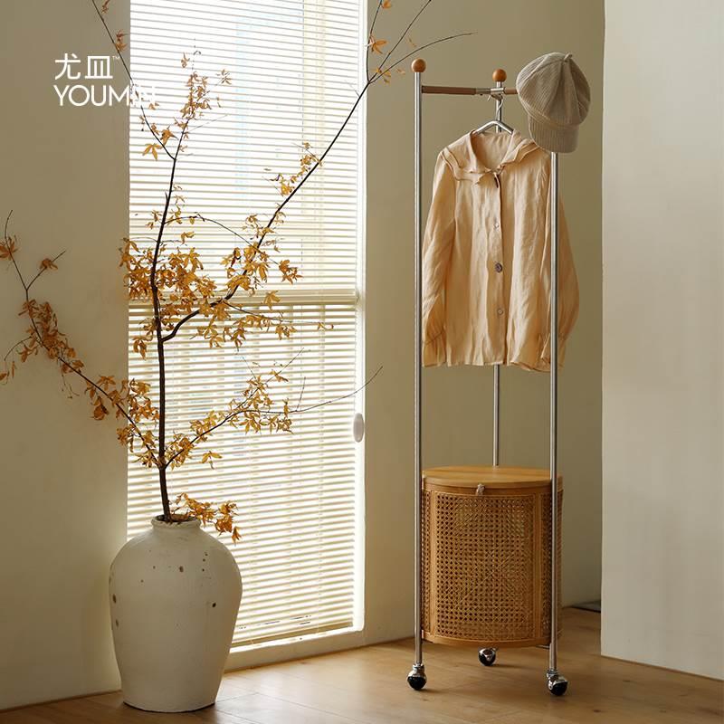 尤皿不锈钢实木隔夜衣帽架落地卧室衣服架子客厅简约现代衣架家用