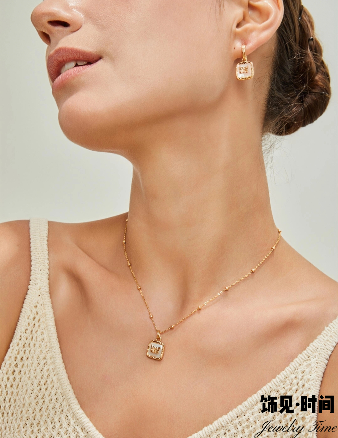 新款小众高级感设计蝴蝶白贝吊坠项链锁骨颈链优雅气质复古耳环女