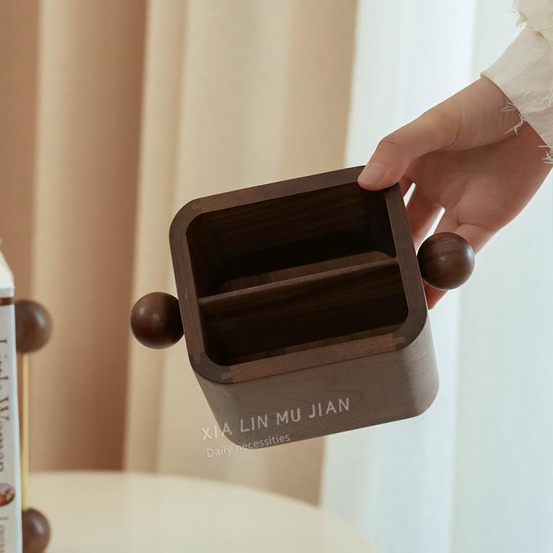 黑胡桃木笔筒办公室桌面大容量超B大高颜值ins风文具收纳盒可旋转