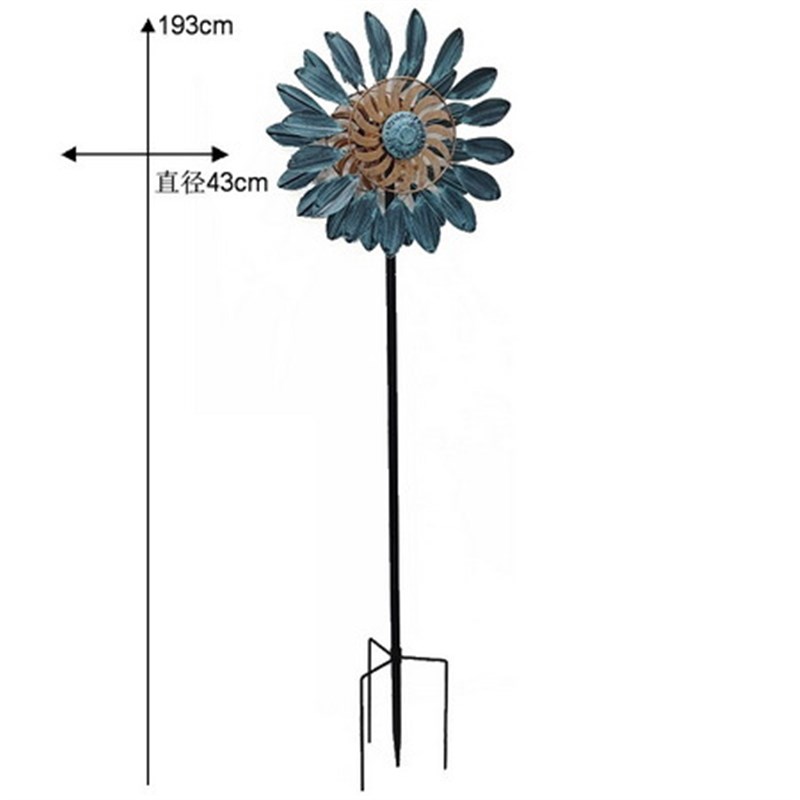 艺术花园装饰风转6o0度双面旋转落地摆件带灯蓝叶铁艺风车