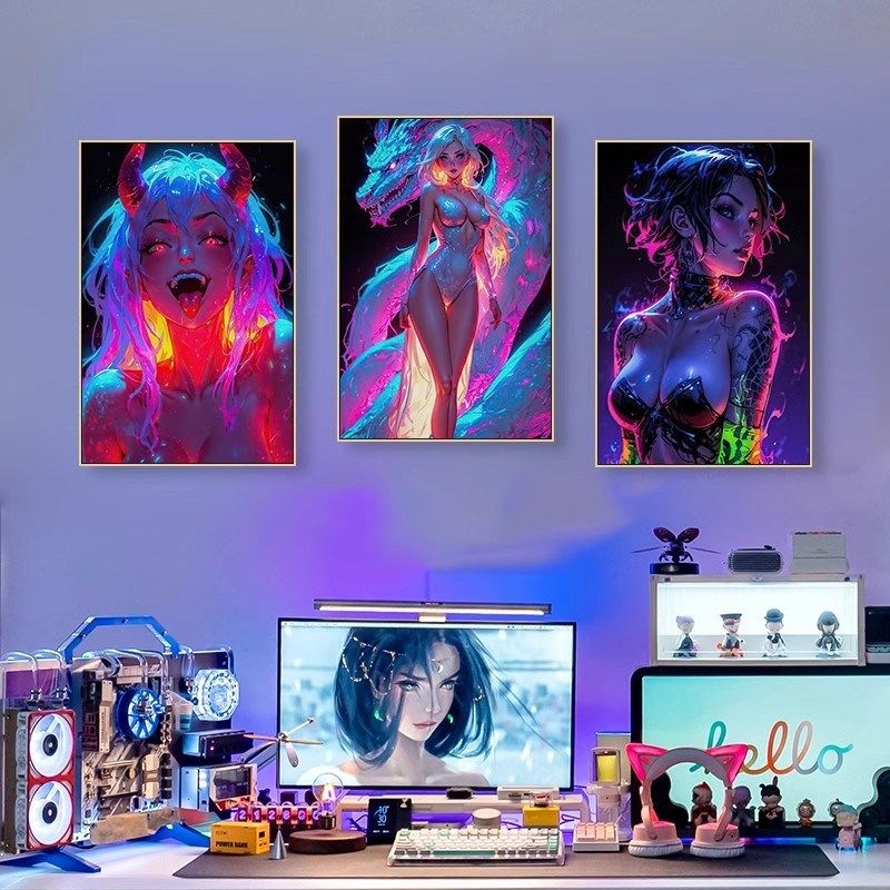 赛博朋克科技馆装饰画电竞房间潮流二I次元少女挂画色彩涂鸦壁画