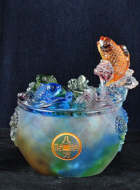 琉璃聚宝生财聚宝盆鱼摆s件招财家居客厅玄关酒柜装饰办公室工艺