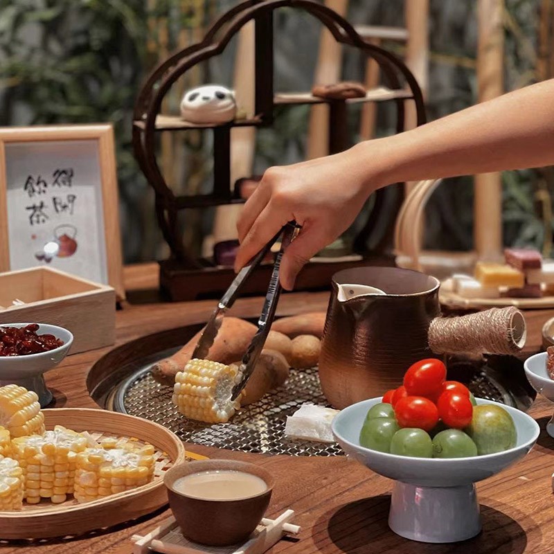 围炉煮茶桌子f椅子全套户外庭院专用复古风竹椅围炉煮茶烧烤小圆