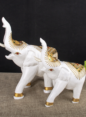泰国实木白色金箔大象桌面摆x件东南亚酒柜电视柜木雕吉祥招财小