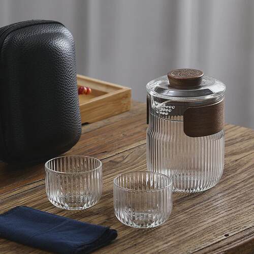 竖纹玻璃茶d具套装高硼硅玻璃快客杯过滤旅行套装户外便携式泡茶