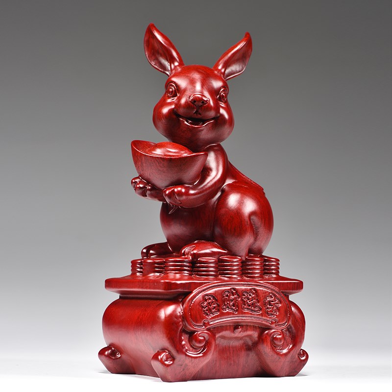 红花梨木雕兔子摆件实木r兔生肖兔木质兔家居客厅装饰品红木工艺
