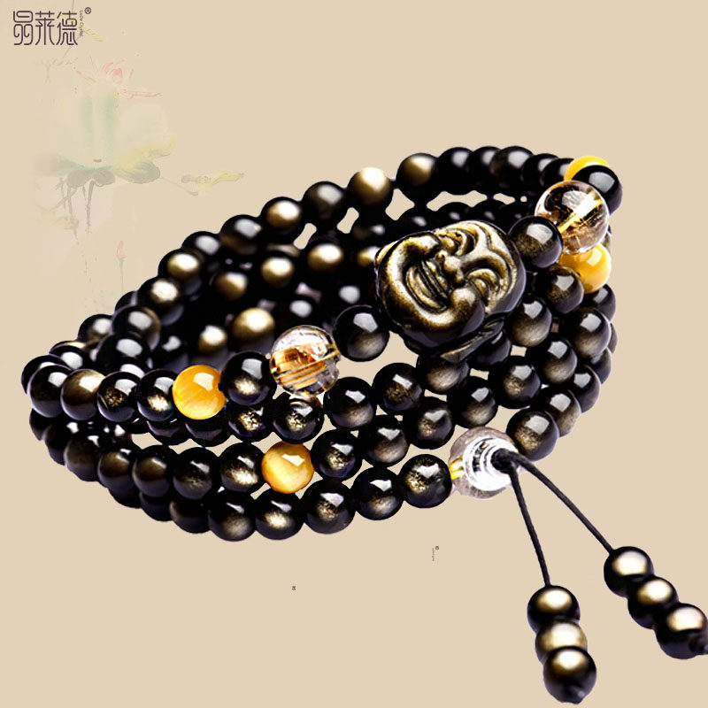 珍藏级墨西哥天然金曜石108颗佛珠手链双金眼黑曜石金耀石手串