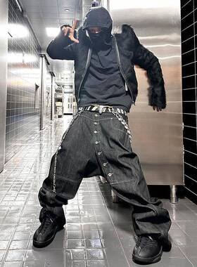 DND4DES 美式覆古设计感弯曲长排扣baggy廓形丹宁原牛弯刀牛仔裤