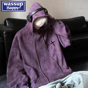 wassup happy麂皮绒连帽卫衣男款秋冬季潮牌美式高街大码休闲外套