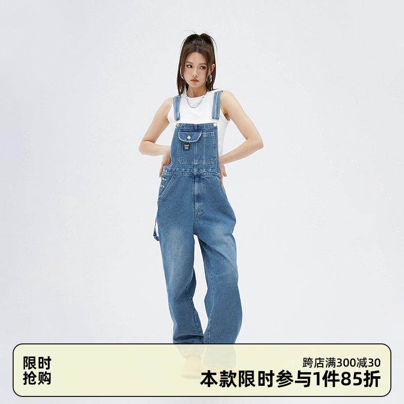 CLAMISGOLD国潮美式复古牛仔背带裤男女情侣潮流嘻哈直筒阔腿长裤