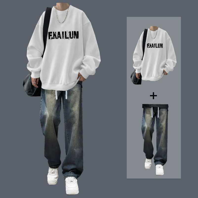 潮牌圆领卫衣男士秋冬季休闲套装搭配牛仔裤一套帅气男装两件套