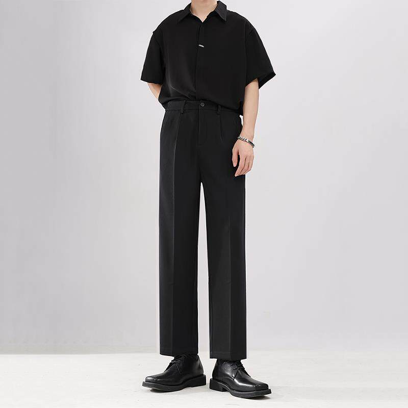 夏季休闲九分西裤男高级感痞帅韩系潮流宽松阔腿黑色西装裤直筒男