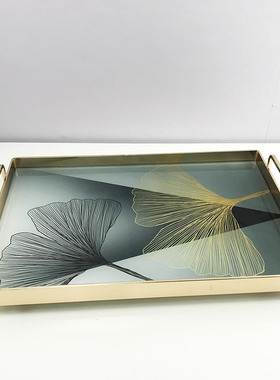 欧式轻奢创意托盘金属玛瑙v石纹现代客厅茶几办公室玻璃收纳装饰