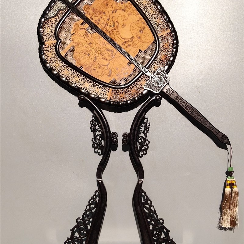 古玩古董老物件旧货老黑檀木精雕琴棋书福L禄寿图宫扇屏风插屏摆