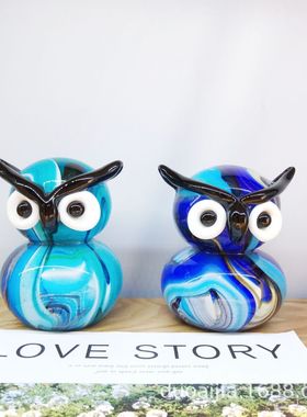简约猫头鹰玻璃k摆件混彩玻璃动物工艺品家居装饰品日式杂货摆件
