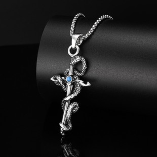 Vintage古着 盘蛇剑十字架项链男士小众设计复古高级感毛衣链颈链