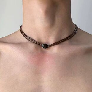 Vintage中古多层叠戴皮绳项链复古简约锁骨链小众设计感颈链饰品