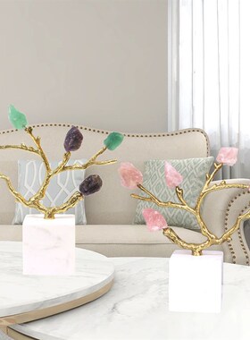 轻奢现代创意水晶石纯铜树枝摆件样板间玄关客厅S电视柜家居装饰