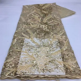 bead with 非洲亮片珠管绣网纱蕾丝l绣花布料礼服面料lace fabric