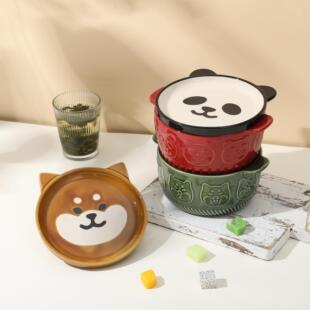 创意卡通可爱陶瓷泡面碗家用带盖双耳汤碗沙拉碗高颜值大容量 日式