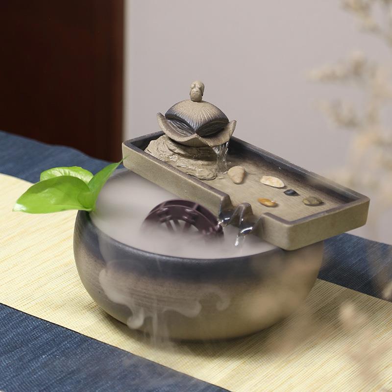 桌面石磨流水小喷泉摆件客厅庭院石槽搭配磨盘风水轮鱼缸水景陶瓷