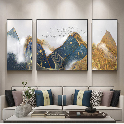 纯手绘高品质三联画新中式客厅山景装饰画沙发P背景墙挂画组合套