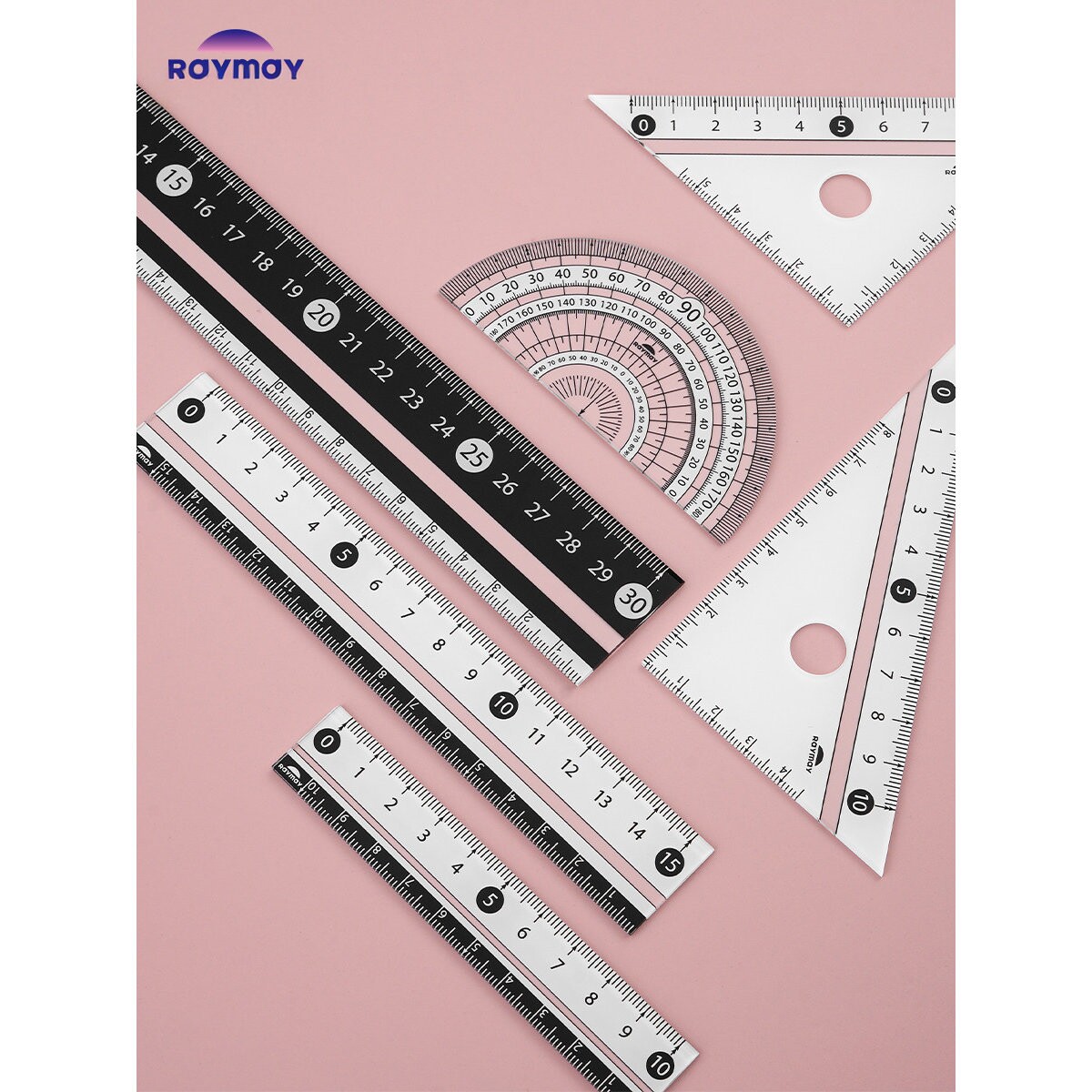 日本Raymay藤井黑白色直尺15mm学生用尺子三角尺量角器套装学生用防滑设计透明刻度尺套尺官方旗舰店