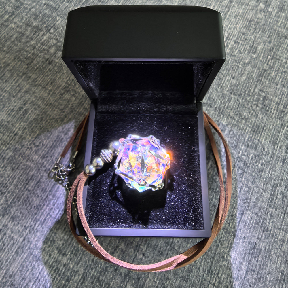 宝石项链D20全20K9幻彩水晶幸运骰发光盒网兜项链 TRPG收藏礼物