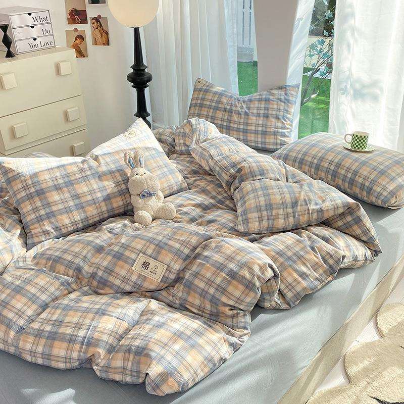 xyt纯棉床上四件套100全棉水洗棉床单人被套床笠款2023新款格子床