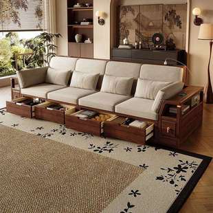 中古风黑胡桃木实木沙发客厅冬夏两用直排四人位多功能储物沙发无