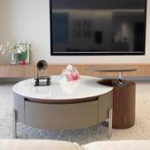 新款 圆形微晶石茶几客厅升降旋转马鞍皮小户型家用现代简约感