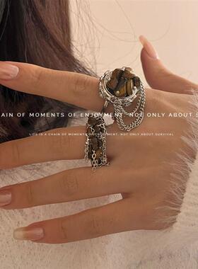 国潮新中式美拉德风天然虎眼石叠戴戒指高级感复古个性百搭指环戒