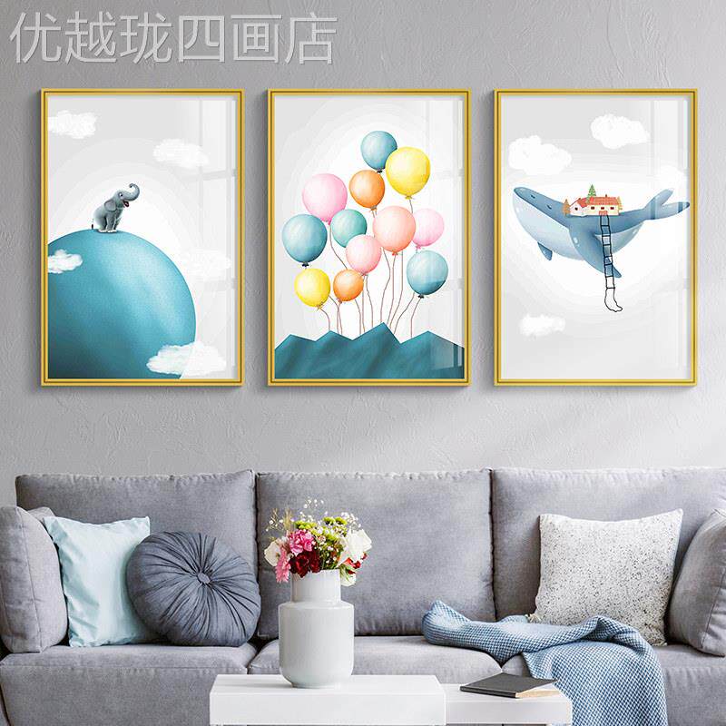 网红儿童房房卧室装饰画三联画卡星挂球太壁空人画北欧间墙画床通