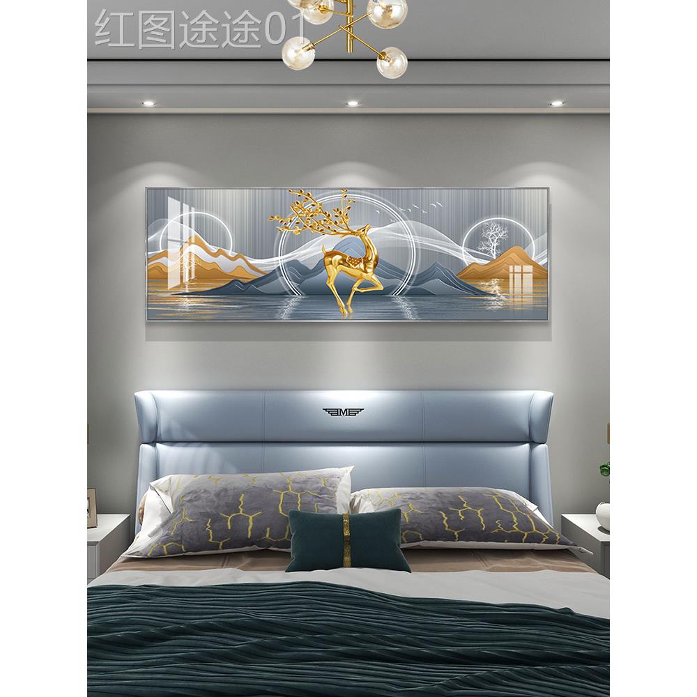 网红约现代奢大横卧室背景墙装饰画幅床头高档气轻挂画简抽象晶瓷图片