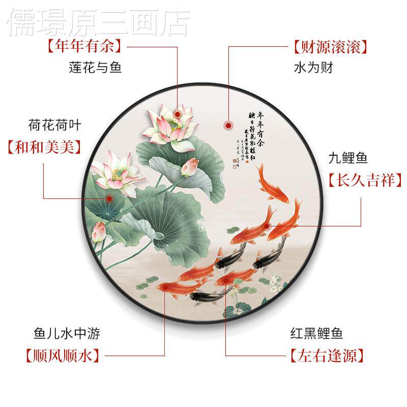 鱼形图玄关装画鲤鱼风水招画财墙新中式荷花过道挂画圆壁饰画定做