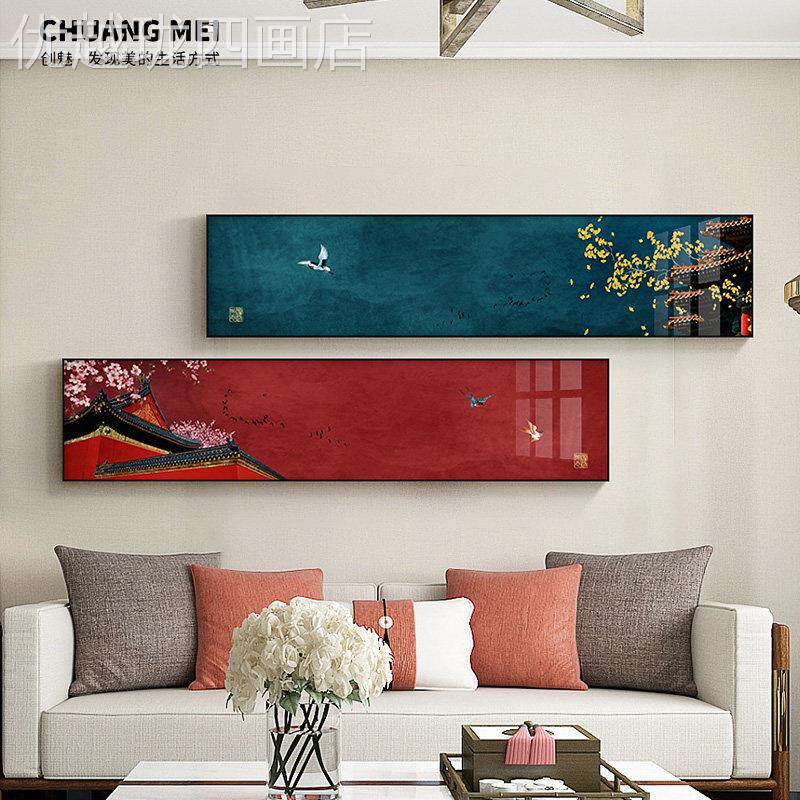 网红新式卧室床装饰画客厅沙店发背头中景墙横幅酒日式古画风故宫