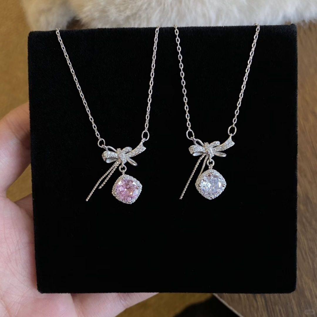 甜美淡粉色方糖不规则蝴蝶结项链女超闪精致简约百搭锁骨链ins,饰品/流行首饰/时尚饰品新,项链,淘宝优惠券,粉丝福利购,淘宝优惠卷