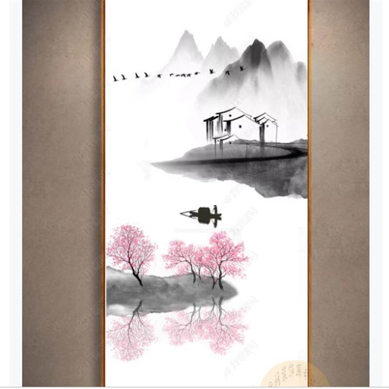 新品新中式现代简约玄关水墨山水墙布走廊竖版过道W壁画入户客厅
