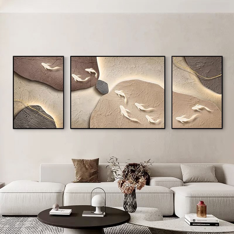 极速手绘油画九鱼图客q厅装饰画三联肌理画沙发背景墙挂画简约轻图片
