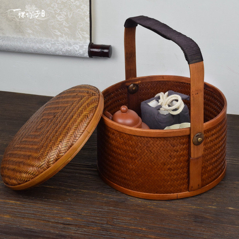 极速明川竹编茶具收纳q盒中式普洱茶饼盒茶叶存茶罐手提茶箱便携