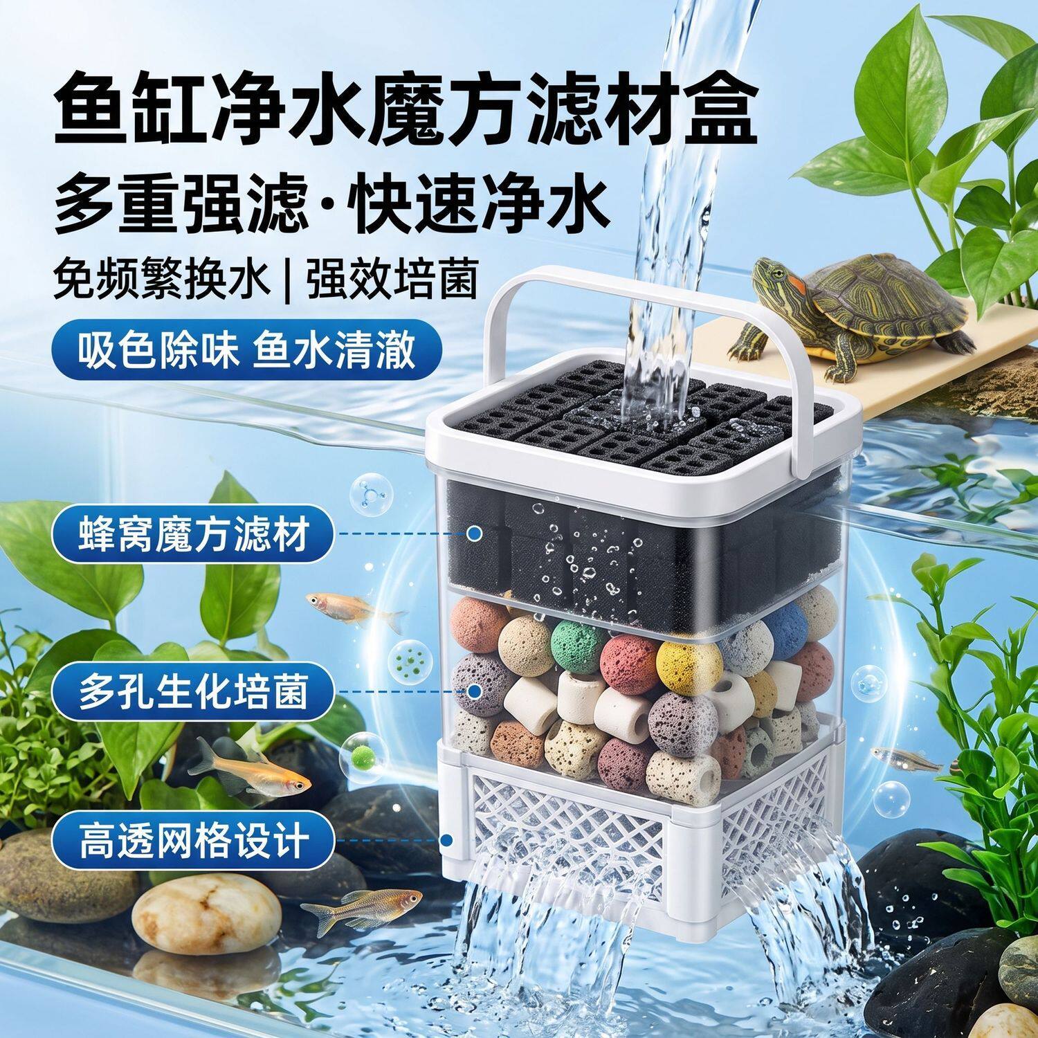 鱼缸净水魔方滤材盒镂空细菌屋收纳盒水族箱净化水质除臭去黄水
