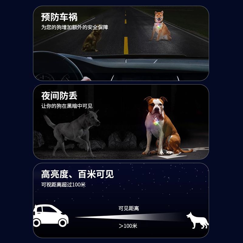 猫狗夜间遛弯充电发光项圈吊坠防水夜行警示宠物防丢失遛狗神器