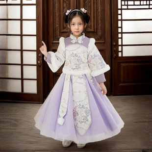 中国风棉服古装 公主唐装 紫色加厚棉服套装 女童汉服冬季 女孩拜年服