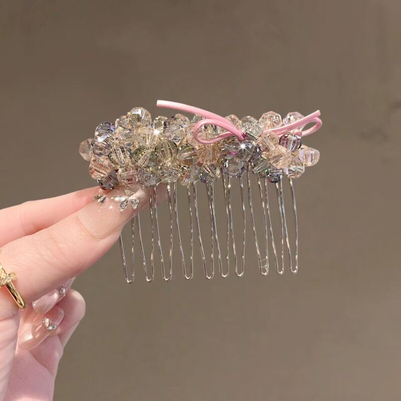 精致甜美水晶蝴蝶结倒插梳发梳女春夏气质蓬松高颅顶时尚发卡