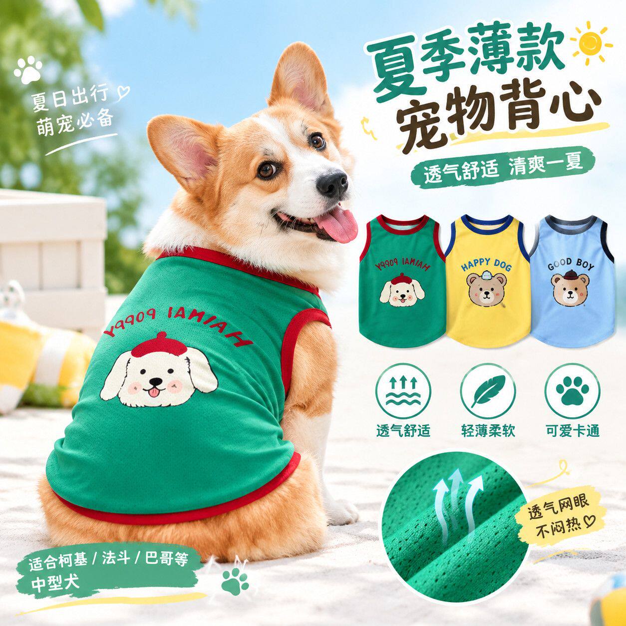 夏季新款中型犬柯基法斗巴哥宠物狗狗薄款透气可爱卡通背心