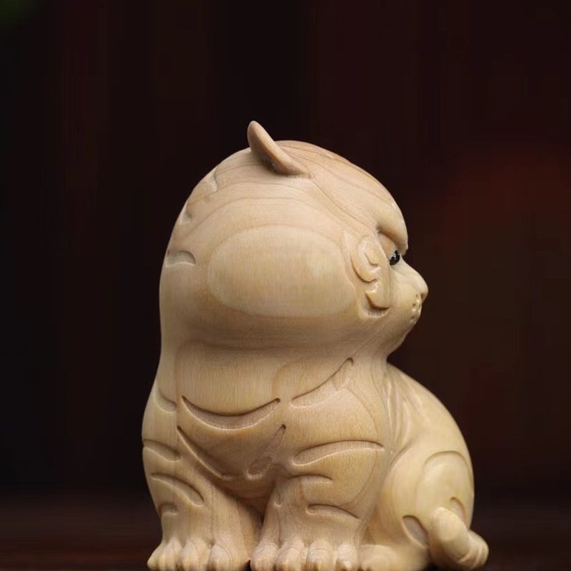 小叶黄杨木雕十二生肖q虎崽小老虎手把件萌虎实木工艺品装饰摆件