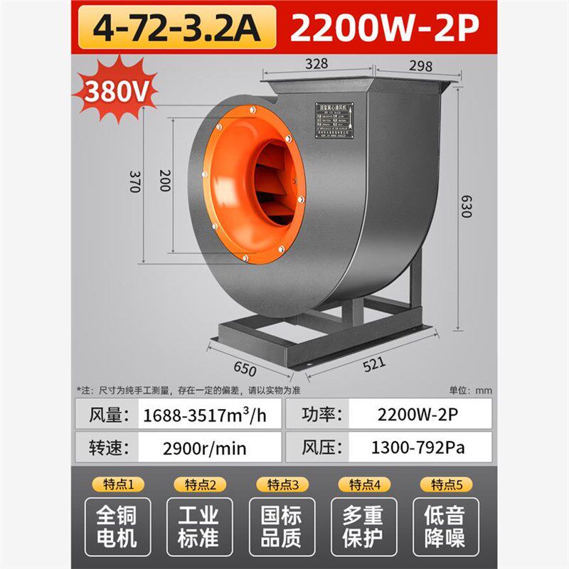 新款4-7d2型离心风机蜗牛多翼式通风机大功率工业吸尘机排烟锅现