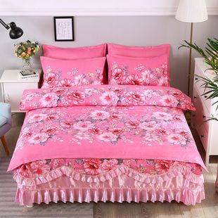 公主荷叶边床罩床单被套床上用品 欧式 四件套床裙款 简约大气套裙式